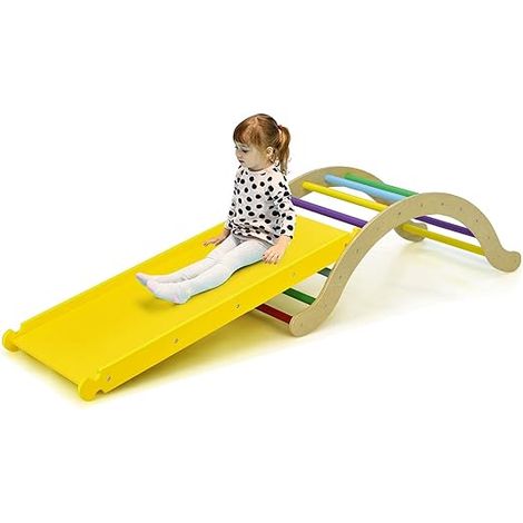Goplus – Jeux d'escalade 4 en 1 – Échelle et toboggan ajustables en bois naturel – Capacité 60 kg – Pour enfants à partir de 1 an (1/5)