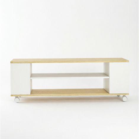 Mobile TV con ruote 120x40x38,5 cm in legno truciolare bianco e naturale (1/5)