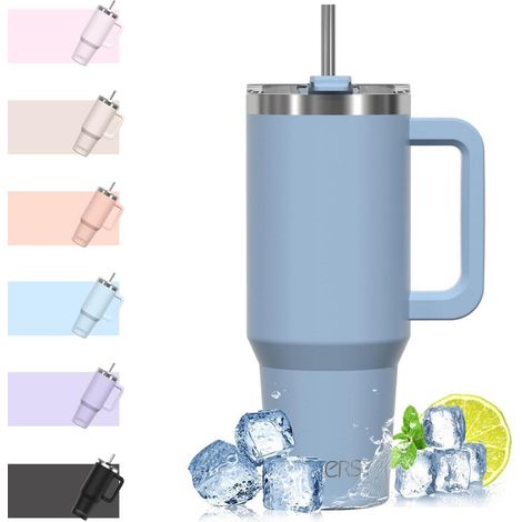 Isolierter Kaffeebecher 1183ml mit Griff und Strohhalm, doppelwandig, auslaufsicher, Smogblau (1/5)