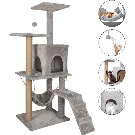 Arbre à chat multi-niveaux 126 cm – Tour d’escalade avec griffoirs, perchoirs, niche, hamac et balle suspendue (1/5)