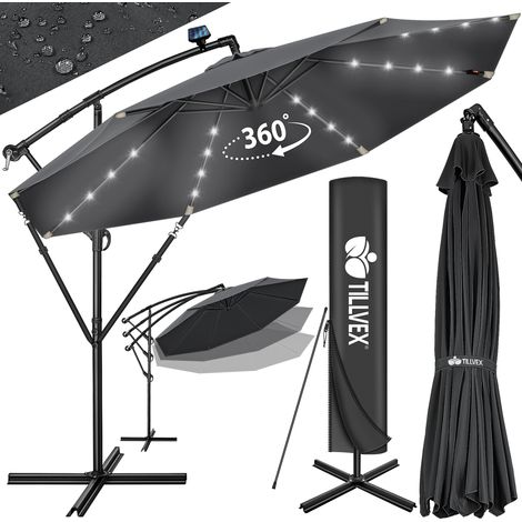 tillvex Alu Ampelschirm Anthrazit LED Solar Ø 300 cm mit Kurbel Sonnenschirm mit An-/Ausschalter Gartenschirm UV-Schutz Aluminium Kurbelschirm mit Ständer Marktschirm wasserdicht (1/5)