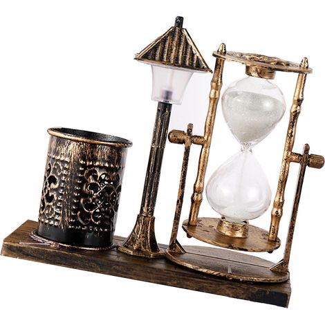 Porte-stylo vintage innovant, blanc, lumineux, en forme de sablier, style lampadaire, doré.