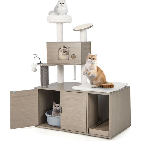 Cat Tree Litter Box Enclosure 2-in-1 Cat Tower W/ Cat Condo Scratching Board (1/5)