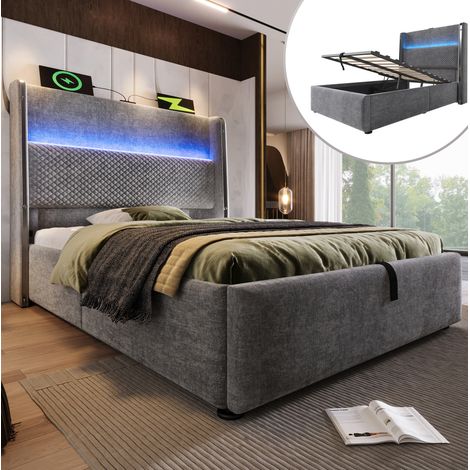 Lit coffre 90x200 avec LED, USB-C, lin gris HAVRYA (1/5)