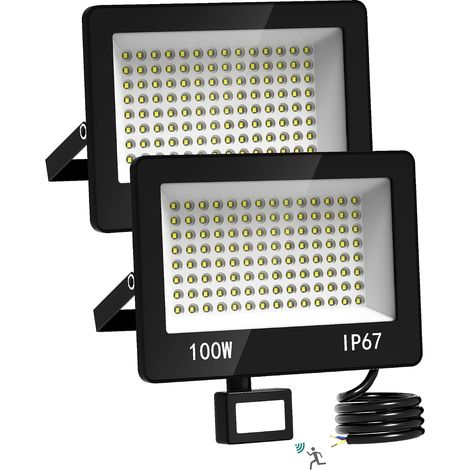 Projecteur LED Extérieur avec Détecteur 2 Pièces - 100W 10000LM Spot Exterieur Detecteur de Mouvement Blanc Froid 6500K, IP67 Étanche Lampe pour Garage Jardin Entrée Route (1/5)