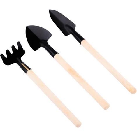 Ensemble de 3 mini-outils de jardin Pour pots et plantes Manche en bois Pelle, râteau et truelle (1/5)
