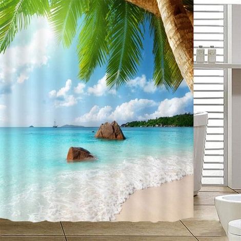 Cortina de baño - Cortina de ducha con estampado playero - Antimoho - 180x180 cm (1/4)