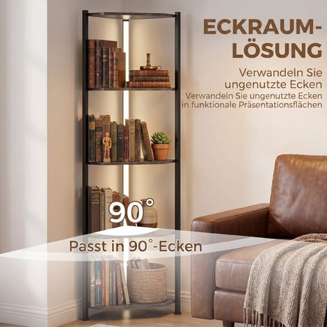 Étagère d'angle à 5 niveaux avec éclairage LED pour salon, chambre, bureau, marron rustique (1/5)