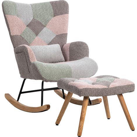 Sillón mecedora multicolor con reposapiés y cojín lumbar, estructura de madera de caucho, 93 cm (1/5)
