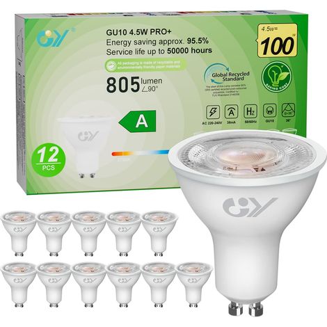 Ampoules GU10 LED Spot Classe A, 805LM Blanc Chaud 2700K, 4,5W Équivalent 100W GU10 36° (Faisceau Étroit), Efficacité Energétique, Non-Dimmable, Lot de 12 (1/5)