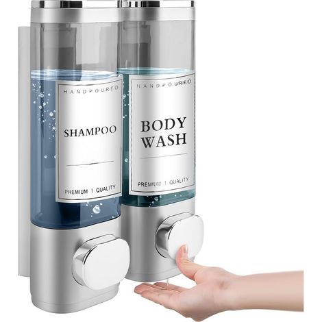 Distributeur de Savon Mural, Distributeur Gel Douche, Distributeur Double de Shampoing et Après-shampoing sans Perçage ABS pour Salle de Bain Cuisine Marché Hôtel Restaurant 300ML2(Argent) (1/5)