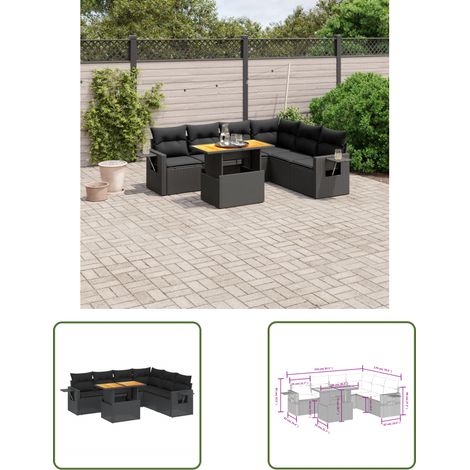 The Living Store Salon de jardin 7 pcs avec coussins noir résine tressée - Ensemble Salon De Jardin - Meuble Extérieur - Résine Tressée - Rotin Synthétique - Table Extensible (1/3)