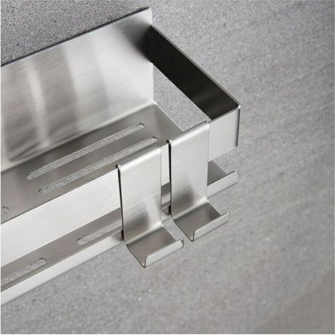 Duschablage aus Edelstahl, selbstklebend, mit 2 Haken, feuchtigkeitsbeständig und ohne Bohren, für Badezimmer. (1/5)