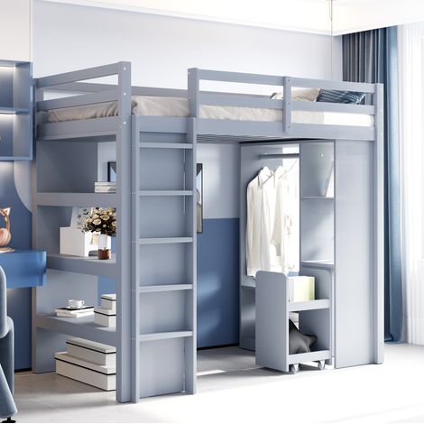 Letto rialzato bambini 90x200 cm con armadio, ripiani aperti, vani portaoggetti e carrello contenitore, senza materasso, grigio (1/5)