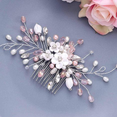 Peigne à cheveux fleuri pour mariage, ornement de tête en cristal argenté et perles, accessoires de coiffure pour femmes et filles. (1/5)