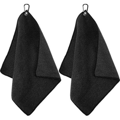 Lot de 2 serviettes de golf en microfibre – 30 x 30 cm – Avec mousqueton – Noires – Pour clubs et sport (1/5)