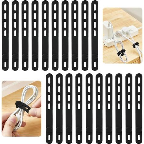 Ecleanfy - 20 attaches de câble réutilisables en silicone noir pour fixer les câbles d'écouteurs, de téléphones portables et de chargeurs.