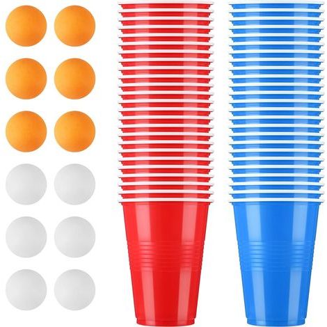 Beer Pong Tumbler, 500 ml, Red and Blue, 50 Cups with 12 Ping Pong Balls, Reusable, Ideal for Drinking Games, Parties, Birthdays, Weddings, Camping, 3 Years and Above (1/5)