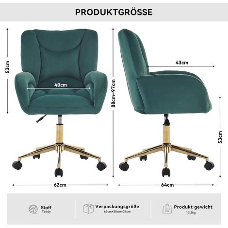 Chaise de bureau pivotante réglable en hauteur, revêtement velours KD, piètement doré, verte, pour bureau à domicile et intérieur (1/5)