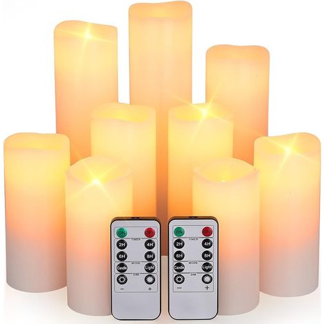 Bougie LED, 9 Bougie LED Flamme Vacillante Réaliste De(10,5cm 12,5cm 15cm 17,5cm 20cm 22cm), Fausse Bougies à Piles avec Télécommande et Minuteur pour Decoration Noël,Halloween, Fêtes-Jaunes(Ivoire) (1/5)