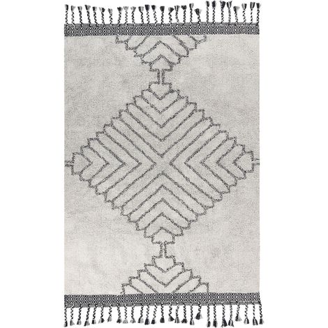 Tapis Moderne Fait main avec Franges 140 x 200 cm en Coton Blanc et Noir Eray (1/5)