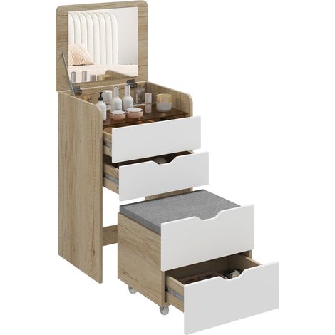 HOMCOM tocador de maquillaje 3 en 1 con taburete oculto y espejo abatible, mesa de maquillaje de vidrio visible con 3 cajones, roble y blanco