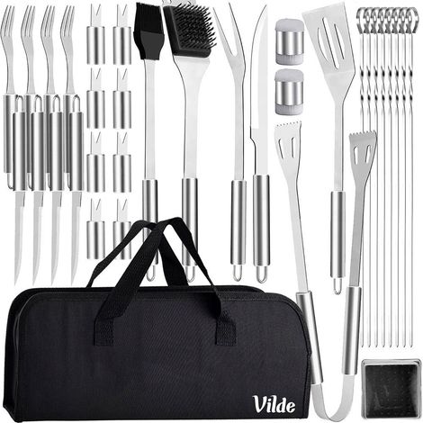 Set di utensili per barbecue in acciaio con custodia, 33 pezzi. (1/5)