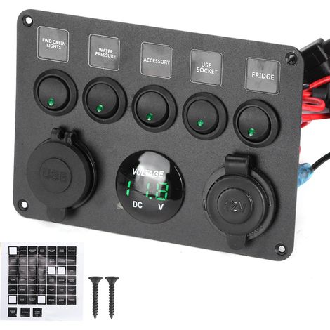 Pannello interruttori a levetta LED a 5 gruppi con voltmetro digitale universale per camper, auto, motoscafo. Verde