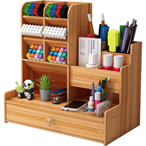 Organisateur Bureau - Bois Épais 24,5 x 15 x 25,4 cm - 6 Compartiments Inclinés + 6 Compartiments Plats + 1 Tiroir Coulissant + Porte-Stylo - Pour Bureau Maison Bureau (1/5)