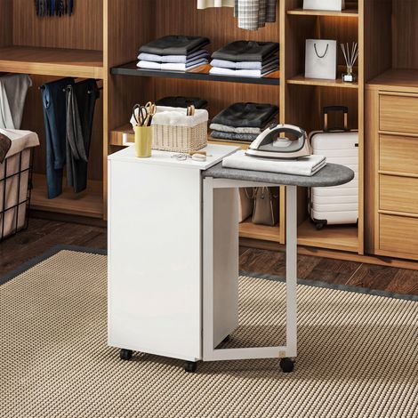 Armario plegable 2 en 1 con ruedas, tabla de planchar y estante ajustable para espacios pequeños, color blanco.