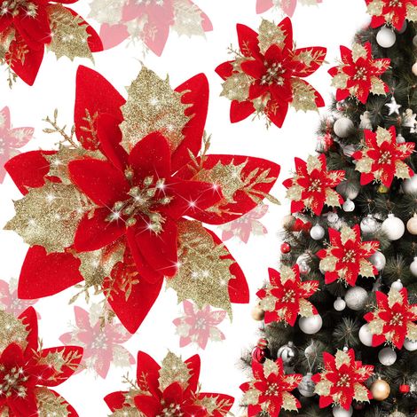 10 pièces, décorations de noël, fleurs de noël artificielles avec clips, guirlande d'arbre de noël scintillante pendentifs de fleurs artificielles (1/5)