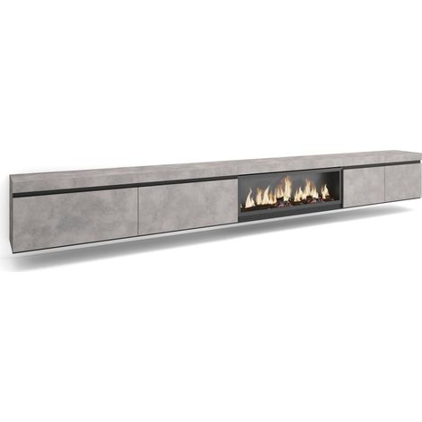 Skraut Home - Meuble TV, Banc Télé, Grand espace de Rangement, 368x45x35, Cheminée électrique XXL, Suspendu, Mural, Style moderne, Gris Ciment (1/5)