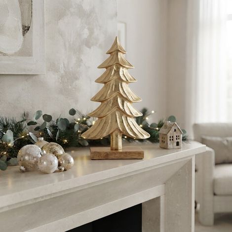Decoris Albero Natale Oro in Alluminio Riciclato con Base in Legno - 33cm (1/5)