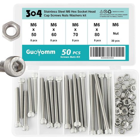 Lot de 50 vis à six pans creux M6 avec écrous en acier inoxydable 304 Jeu de boulons mécaniques entièrement filetés dans une boîte combinée, longueurs : 50 mm 60 mm 70 mm 80 mm (1/5)
