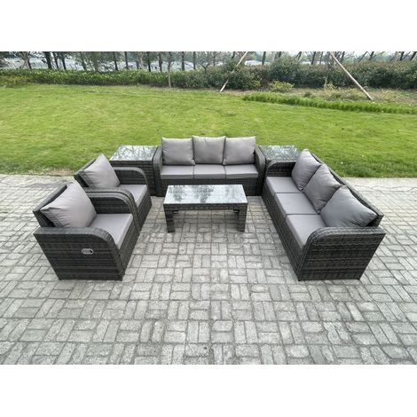 Fimous Polyrattan Sofa Set Outdoor Patio Gartenmöbel mit Liegestühle Couchtisch 2 Beistelltischen Dunkelgrau Gemischt (1/5)