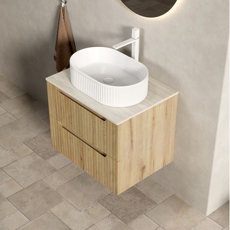 Mobile lavabo 60x46x62,2 cm in ceramica bianca/rovere, con contenitore, bagno FloraGrace (1/5)