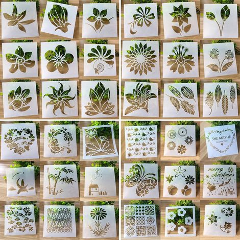 Pochoir Fleurs - Pochoir Réutilisable en PET 13 x 13 cm - Pour Décoration Intérieure Extérieure Cartes de Vœux Scrapbooking DIY - Lot de 9 (1/5)