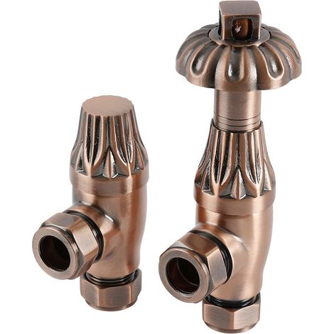 Milano Windsor Antique Style Thermostatic Angled Radiator Valves Pair - Antique Copper (1/5)