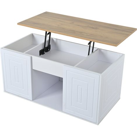 Table basse de salon 46 x 95 x 45 cm, réglable en hauteur jusqu’à env. 59 cm, avec deux portes de placard et un design épuré et fluide, table d’appoint en bois naturel, table basse, bureau (1/5)