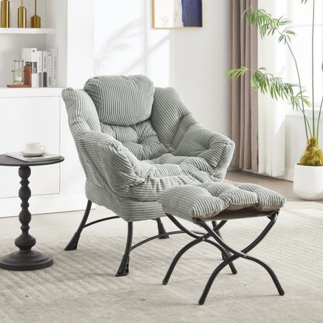 Fauteuil lounge avec ottoman vert clair, chaise d’appoint rembourrée avec accoudoirs et poche latérale (1/5)