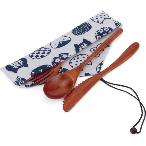 Tragbares Holzbesteckset: Löffel, Gabel, Messer, Holzgeschirr mit Tasche (1/4)