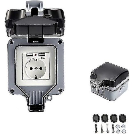 Prise murale double extérieure avec port USB, étanche, robuste, avec boîtier mural (simple) (1/5)