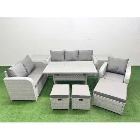 Fimous Patio PE Wicker 9 Seater Outdoor Rattan Furniture Sofa Sets with Rectangular Dining Table Reclining Chair Loveseat Sofa 3 Seater Sofa Stool 2 Side Table Light Grey (1/4)