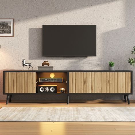 Meuble TV 175x31x43.5 cm - Éclairage LED - 3 portes - 6 pieds - TV jusqu'à 75 pouces - Panneaux de particules - Naturel