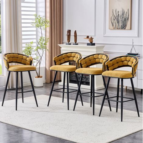 Tabouret de bar en métal et velours jaune et noir, dossier tressé, stable et confortable (1/5)