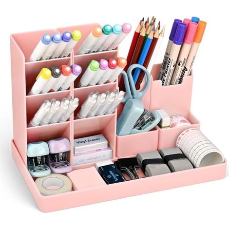 Porte-stylo à 5 compartiments, organisateur de bureau multifonctionnel, idéal pour filles et garçons, rose. (1/5)