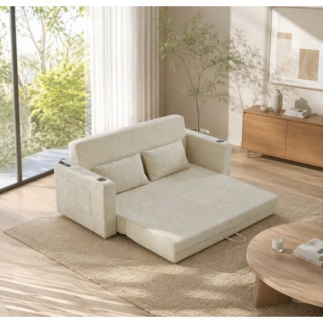 Divano letto 2 posti 153x77x65 cm in ciniglia beige con USB per soggiorno – MEUBLIV (1/5)