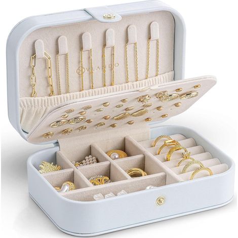 Reise Schmuckkästchen mit vielen Fächern, Schmuckaufbewahrung für Damen, Cremeblau (1/5)