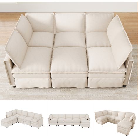 Canapé modulable XXL beige en chenille convertible lit, configurable L ou U, pouf mobile, double rembourrage pour salon (1/5)