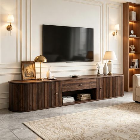 Mobile TV 180x40x40 cm, per TV fino a 75 pollici, 2 ante a rullo, 1 cassetto, vano aperto, truciolare, colore noce (1/5)